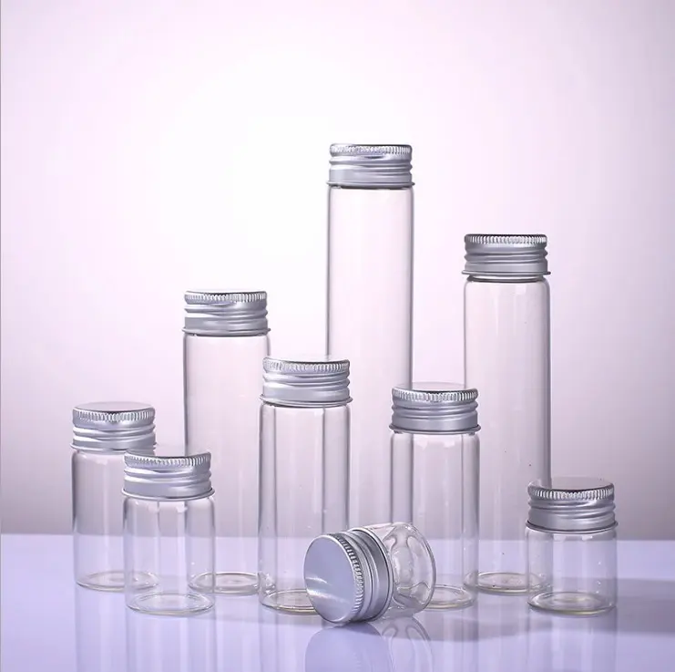 Petit tube en verre transparent avec bouchon à vis en aluminium, 5/10/15/20/25/30/50/60/100/120ml, 5 unités