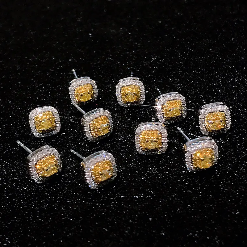 New Arrival Fine Jewelry Sets 18k White Gold Yellow Diamond Square Stud Earrings For Women 2023