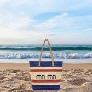 Sac de plage en paille pour voyage en plein air, sac de plage rayé coloré d'été, sac fourre-tout en paille grande capacité pour femmes, personnalisable - Product Image 3