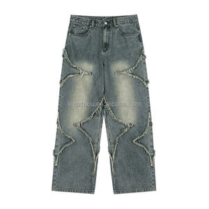 Unisex yüksek sokak yıkama ham kenar gevşek kot pamuk gevşek düz grafik aplike nakış yıkama yüksek kaliteli Denim pantolon erkekler - Product Image 4