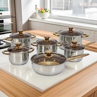 Accessoires de cuisine, casseroles en acier inoxydable plaqué or, ensembles de casseroles avec couvercles en verre pour cuisinière à gaz