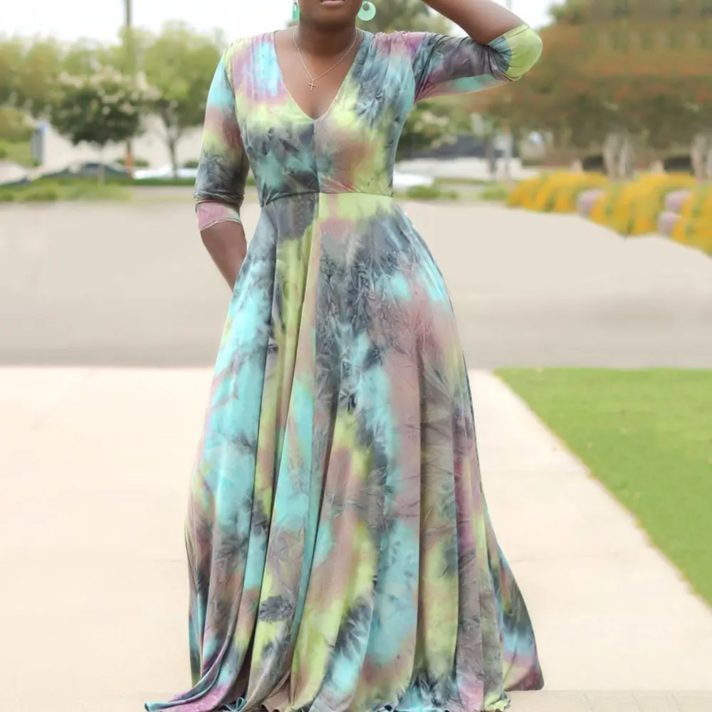 Tb5137 Plus Size Xl-5Xl Tie Dyed Printing Long Sleeve Loose Casual Dress Lounge Wear Long Maxi Dress For Women
