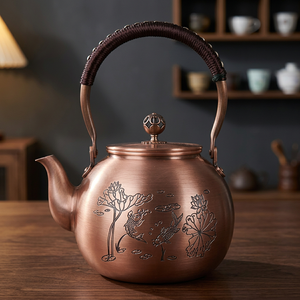 Traditional Chinese Metal Tea Kettle With <b>Lid</b> And Handle Copper Color Floral Design Water <b>Pot</b> - Product Image 4