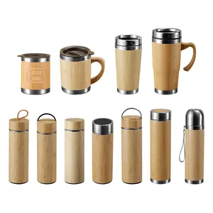 Custom Logo Vacuum Insulated 20oz Travel Tumbler Bamboo Mug Stainless Steel 500ml Water Bottles Bamboo Thermos Flask