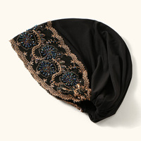 Topi Kerudung Wanita Terbaru Elegan Warna Solid Poliester Bordir Renda Berhias Berlian Imitasi, Bahan Lentur dan Bernapas untuk Muslimah