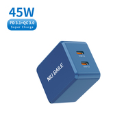 NIUBAILE Chargeur rapide USB-C 45W Câble 1,8m PD3.0/QC2.0/ignifuge 2 ports Type-C Conception pliable Compatible avec les montres intelligentes OCP