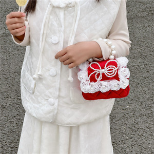 儿童公主包红色小方化妆包女孩链条肩斜挎吊带包珍珠钱包女孩新年礼物 - Product Image 4