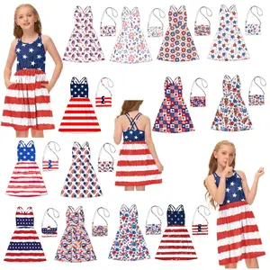 Gaun Midi tanpa lengan bayi balita 2024 Hari Kemerdekaan anak perempuan bendera Amerika musim panas kerah Halter tanpa lengan dengan saku samping