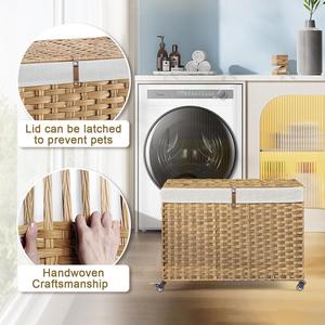 Eco-friendly Rolling <strong>Foldable</strong> Woven Vintage Handmade Laundry <strong>Basket</strong> with Lid 20-35L Capacity for Bathroom Dirty Laundry Storage - Product Image 5