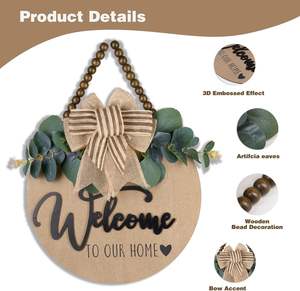 Panneau de bienvenue en bois pour porte d'entrée, décoration de porche, style campagnard, couronne murale ronde - Product Image 2
