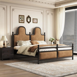 เตียงห้องนอนสไตล์วินเทจฝรั่งเศสสีดำด้านหลังสูงไม้เนื้อแข็งเตียงขนาดคิงไซส์ผ้ากำมะหยี่นุ่ม - Product Image 3