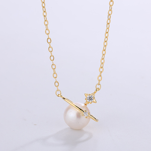 สร้อยคอไข่มุกน้ำจืดชุบทอง 18K เงินแท้ S925 ประดับดาวเสาร์และเพชร CZ ของขวัญสำหรับผู้หญิง - Product Image 3