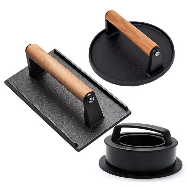 Rectangle Round BBQ Griddle Press HeavyDuty Cast Iron Smash Bacon