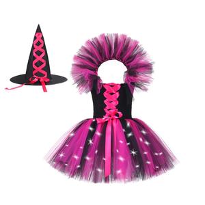 Vente en gros de costumes d'Halloween sorcière pour filles, nouvelle robe de sorcière avec lumières LED, chapeau de sorcière pour enfants - Product Image 2