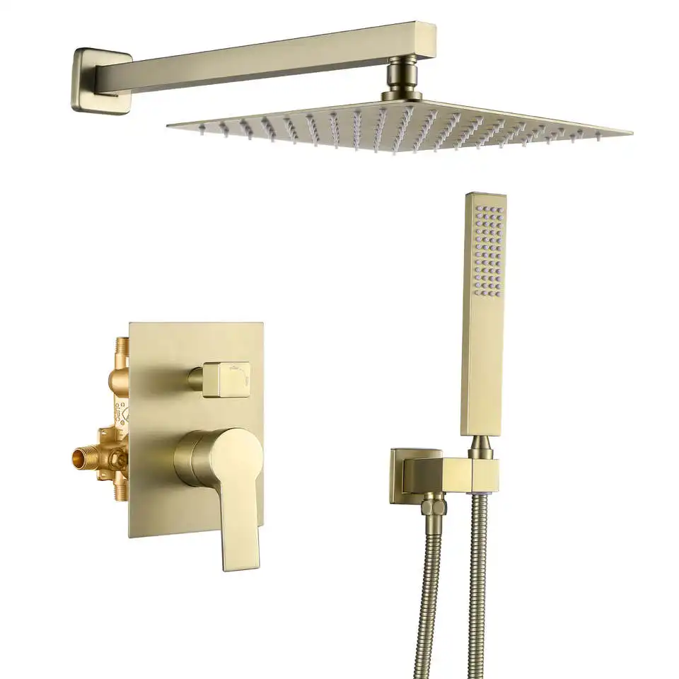 Gold In Wall Mount Shower System Top Waterfall Rainfall Faucet System Wall Mount Concealed Shower Mixer Combination Set