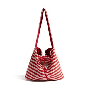 Hot Recycle Custom High Quality Reusable Shoulder Shopping Tote Printed Stripe Cotton Fabric Bag With Logo - Product Image 2