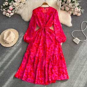 Fuchsia Wrap V Neck Long-sleeved Casual Comfortable Digital Floral Printed Chiffon Dress