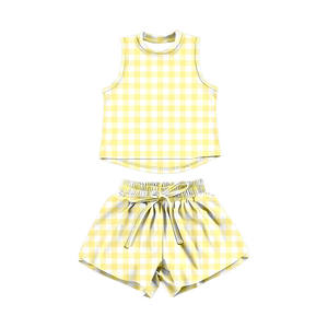 GSSO3476 Ensemble personnalisé pour fille, imprimé à carreaux cyan, tenue de yoga pour enfants, ensemble athlétique d'été à manches courtes pour filles, vente en gros - Product Image 2