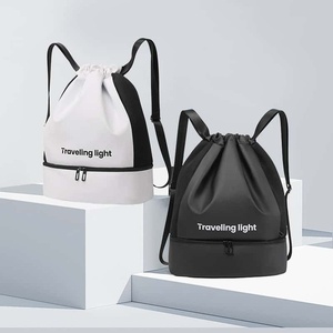 Unisex Black <b>Drawstring</b> <b>Backpack</b> With Mesh Lining Zipper Pocket Traveling Light Print Gym Bag Minimalist Style - Product Image 3