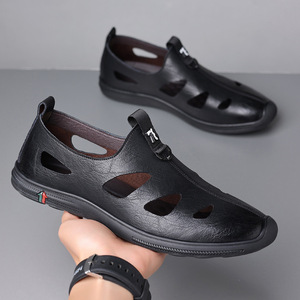 Men's Round Toe Leather Sandals <b>Slip</b>-On Summer Sporty Style Rubber Outsole EVA Midsole Solid Color PU Lining - Product Image 2