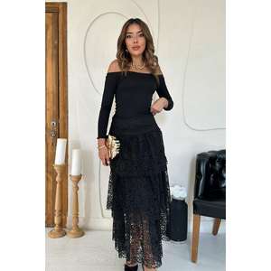 กระโปรงลูกไม้สีดำทรงเอวสูงแบบมีชั้น ผู้หญิง กระโปรงแฟชั่นความยาวปานกลาง ทรงเข้ารูปยืดหยุ่นได้ - Product Image 3