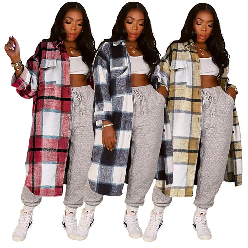 2022 Mode Damen Casual Woll mischung Übergroße Plaid Revers Button Up Pocketed Long Shirt Jacke Shacket