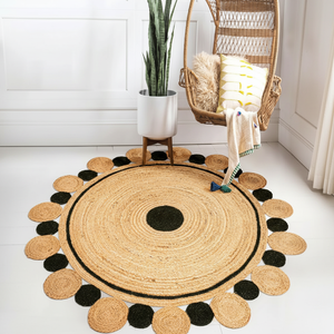 Alfombra redonda de yute negra y natural con diseño de borde circular. Estilo moderno. Disponible a precios al por mayor. - Product Image 1