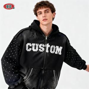 Moletom Masculino com Strass, Lavagem Ácida, Estilo Desgastado, Essencial para Streetwear, Moletom de Alta Qualidade, Oversized, com Zíper - Product Image 3