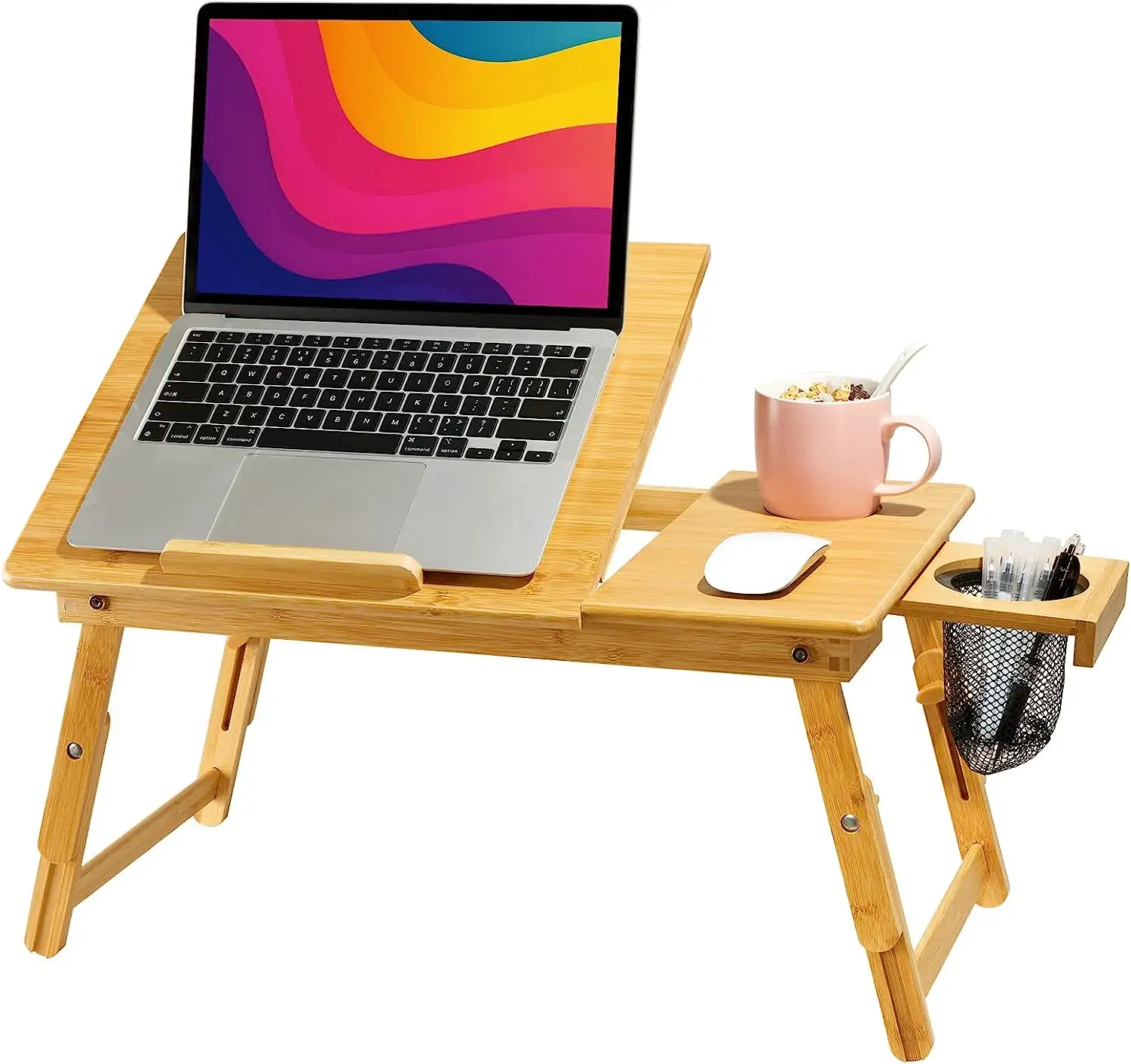 Bambu Laptop Desk Dobrável Cama Bandeja Mesa de Café da Manhã com 5 Ângulos Inclinação Top, Altura Ajustável Laptop Stand com Rede De Armazenamento