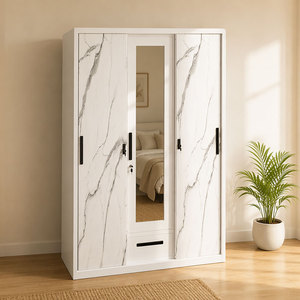 Modern Marble Printed 3 Door Sliding Steel <strong>Wardrobe</strong> <strong>with</strong> <strong>Mirror</strong> and Drawer Bedroom for Indonesia - Product Image 1
