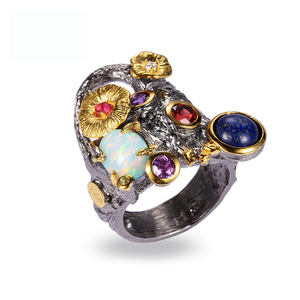 Thái Lan Phong Cách Thiết Kế Đá Đầy Màu Sắc 925 Sterling Silver <span class=keywords><strong>Ring</strong></span> Với Mạ Vàng Đen - Product Image 1