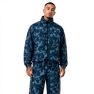 Wholesale Blue Camo Tracksuit Men Reflective Piping <b>Track</b> Jacket Jogger <b>Pants</b> Custom Streetwear Sporty Style Windbreaker Jackets - Product Image 1