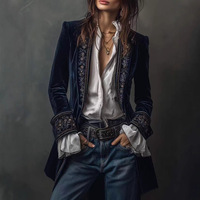 Veste longue en velours marine brodée avec poignets ornés pour femme, style vintage, vêtement d'extérieur d'automne, personnalisable, marque privée, OEM