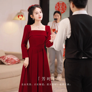 Burgundy Velvet A-Line Dress Boat Neck Natural Waist Folds Simple Design For Wedding Homecoming Autumn Winter - Product Image 1