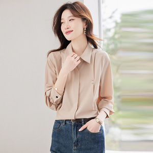 White Satin Long Sleeve Shirt For Women Work Solid Color Simple Design Polyester Fabric Q9961 - Product Image 3