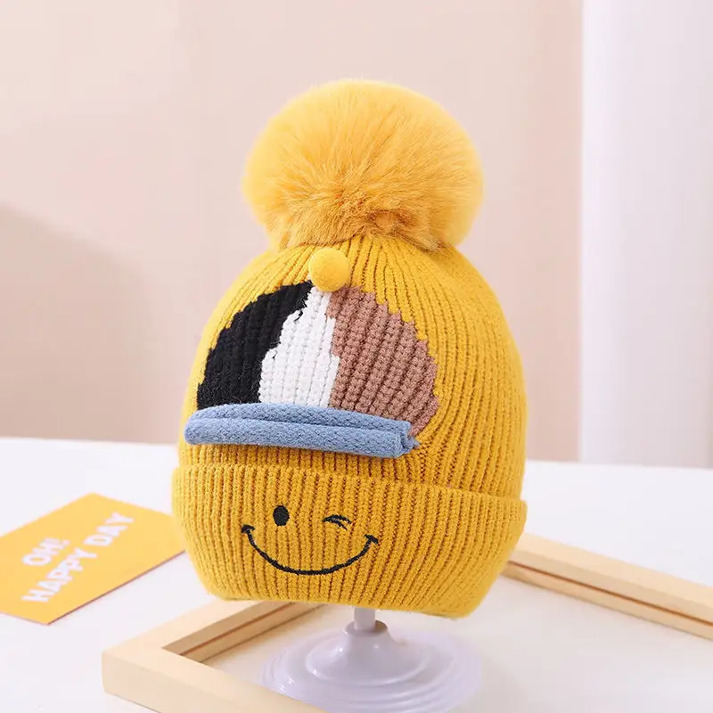 Chapéu de pelúcia para crianças, popular, outono e inverno, bolas, bebê, menina, à prova de vento, chapéu de malha, menino, bebê, desenho animado, gorro