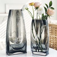 Vase en verre rectangulaire transparent avec côtés texturés, base épaisse, large ouverture pour fleurs fraîches, hydroponie, décoration de table à la maison
