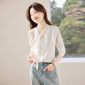 Elegant Long Sleeve Shirt Women Purple V Neck Satin Wrap Tie Office Blouse Solid Color Polyester Fabric - Product Image 2