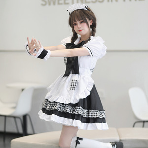 Lolita Maid Outfit Black Checkered Polyester Dress Set For Anime Cosplay Role Playing Summer 2023 - Product Image 2