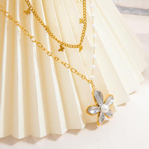 Collar de Perlas de Acero Inoxidable con Colgante de Flor en Oro de 18K, Cadena para Clavícula, Uso Diario - Product Image 3