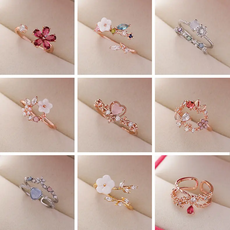 Блестящие кольца в Корейском стиле с цветами, кольца с бриллиантами, Кристаллами, цирконами, цветами, розовое золото, блестящие милые открытые кольца на палец