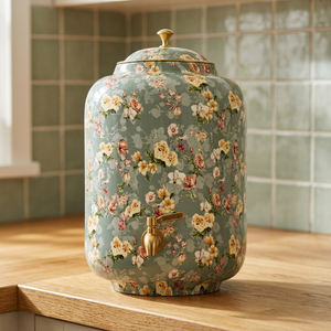 Distributeur d'eau en cuivre floral avec robinet et couvercle dorés pour usage domestique - Product Image 3
