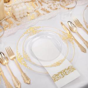 Clear Gold Plastic <b>Plates</b> - Gold Plastic Dinnerware Sets <b>Disposable</b> <b>Plates</b>, for Wedding & Party - Product Image 6