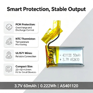 Batería LiPo de 3.7V 50mAh 401120 con PCM 601220, Batería Recargable de Iones de Litio en Bolsa para Electrónica de Consumo - Product Image 2