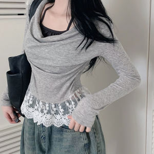 Camiseta de manga larga INS para mujer, estilo minimalista con bloques de color, cuello halter, efecto de capas, ribete de encaje y ajuste ceñido. - Product Image 3