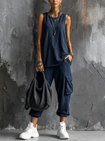 Setelan Dua Potong Wanita Bahan Poliester Atasan Tank Top Tanpa Lengan Celana Jogger Cargo Saku Utilitas Manset Elastis Pakaian Kasual Musim Panas Gaya Streetwear