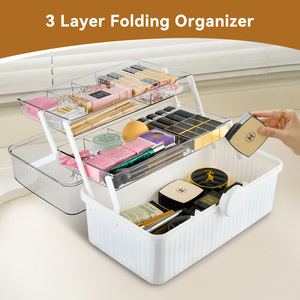 3-Layer Foldable Makeup Organizer Box with Handle Clear <b>Plastic</b> Cosmetic <b>Storage</b> Case with Lid Portable Beauty Organizer - Product Image 3