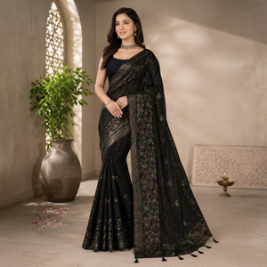 Sari de mariage pakistanais traditionnel noir à sequins en georgette de qualité supérieure, longueur ras du sol, séchage rapide, pour femme, coupe classique, robe de soirée - Product Image 1