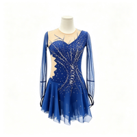 Robe de patinage bleu roi à col rond, manches longues en maille, dos découpé avec strass pour enfants et adultes, compétition et performance