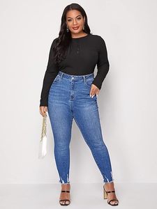 <span class=keywords><strong>Jeans</strong></span> attillati da donna taglie forti blu elasticizzati a vita alta con leggings a forma di mamma in Denim <span class=keywords><strong>Slim</strong></span> Fit con orlo sfilacciato per l'inverno - Product Image 4